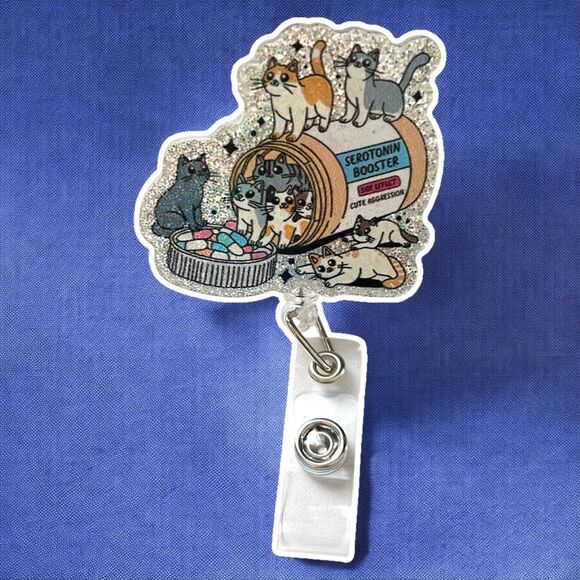Serotonin Booster: Cute Cat Badge Reel – Rotating Acrylic Retractable ID Holder - Picture 1 of 4